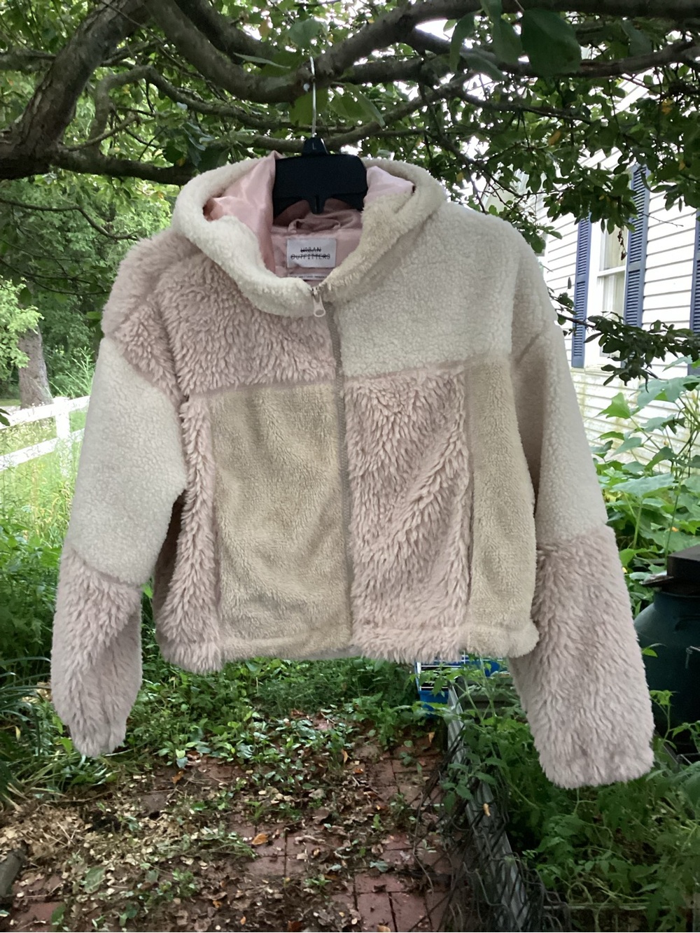 Urban Outfitters Two-Tone Faux Shearling Hoodie Jacket Pale Pink & Cream Medium